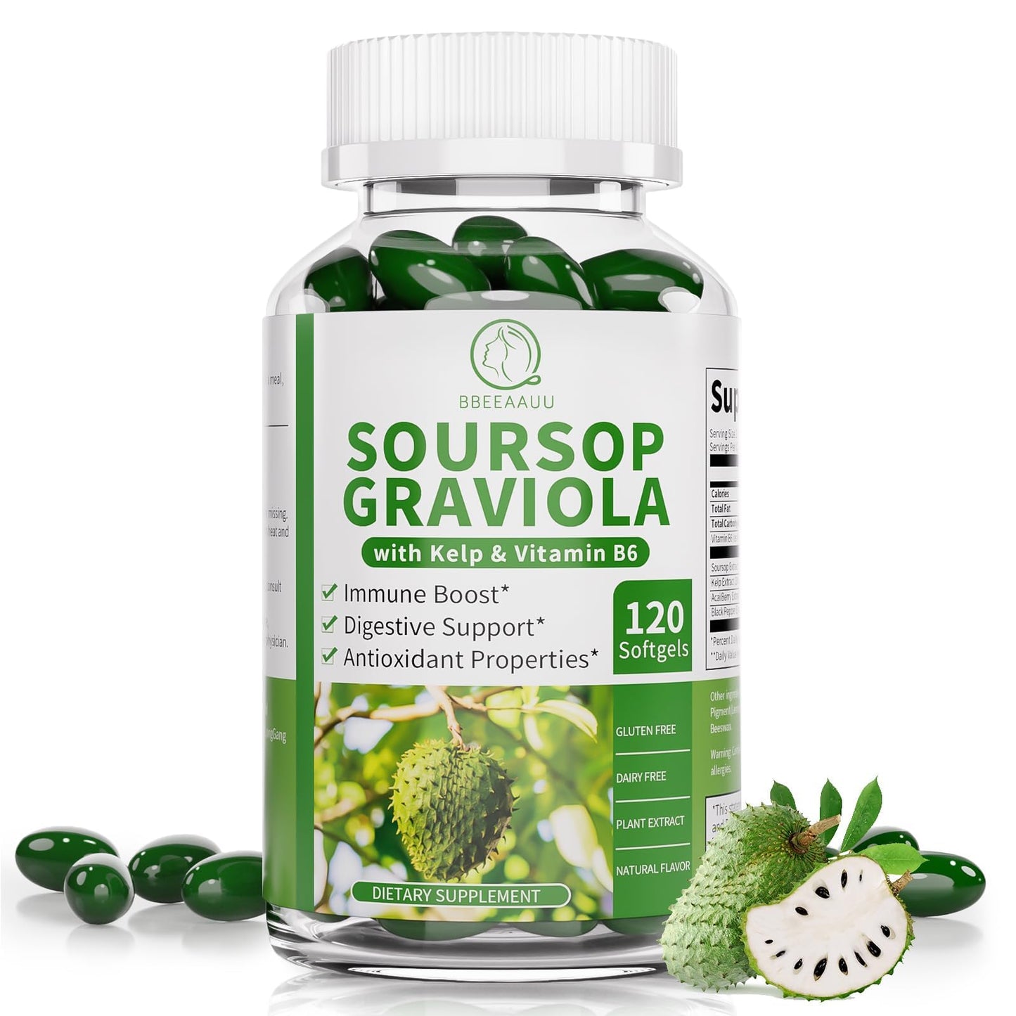 BBEEAAUU Soursop Graviola Capsules with Kelp – Immunity & Digestive Support (120 Count)