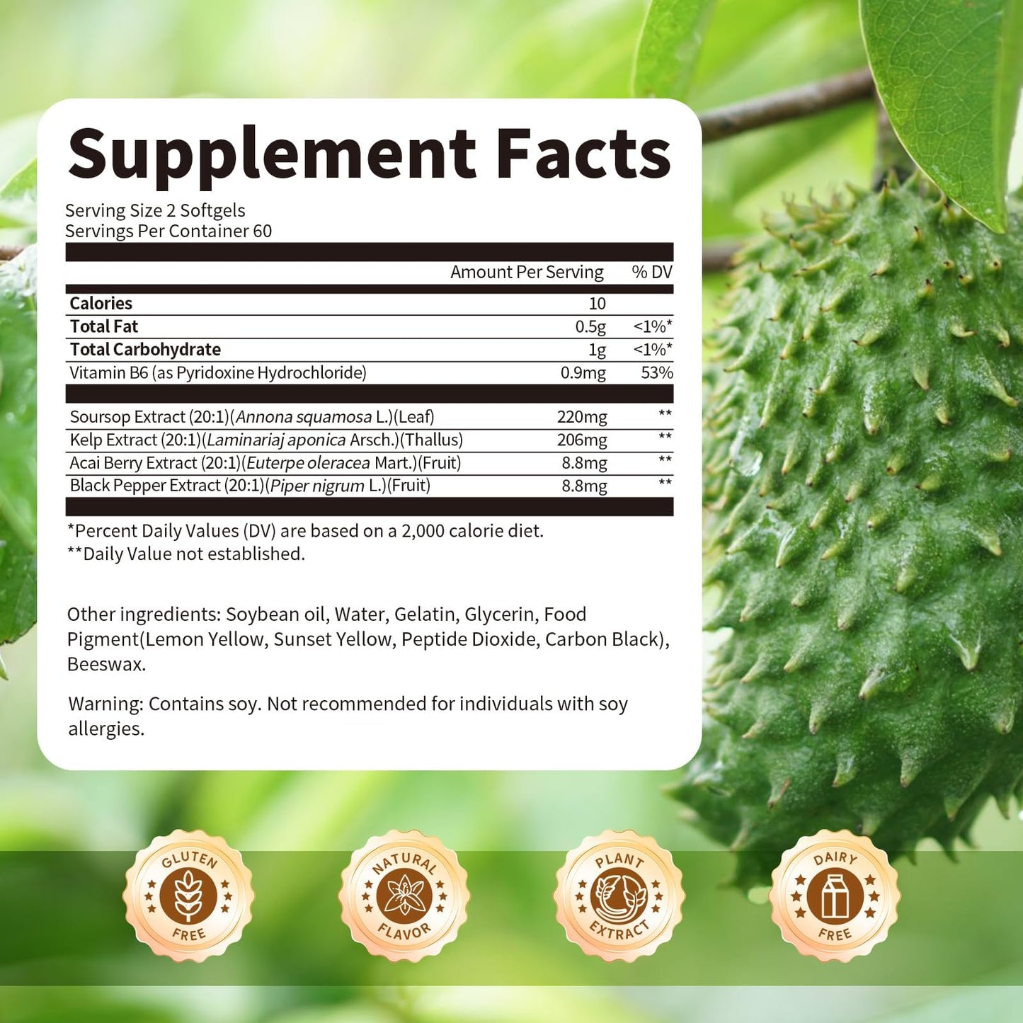BBEEAAUU Soursop Graviola Capsules with Kelp – Immunity & Digestive Support (120 Count)