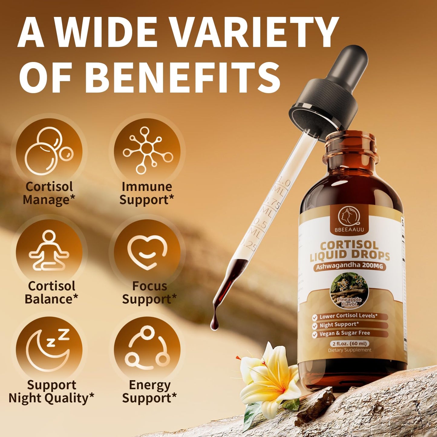 BBEEAAUU 2-Pack Cortisol Drops for Women & Men | 200mg Ashwagandha, L-Theanine & Phosphatidylserine