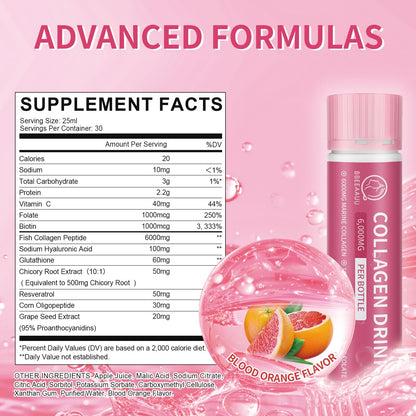 BBEEAAUU Collagen Drink 6000 mg Marine Collagen – Liquid Shots for Skin, Hair & Nails