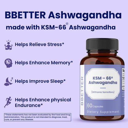 BBETTER KSM-66 Ashwagandha 500mg Capsules – Stress Relief & Mood Support | 120 Veg