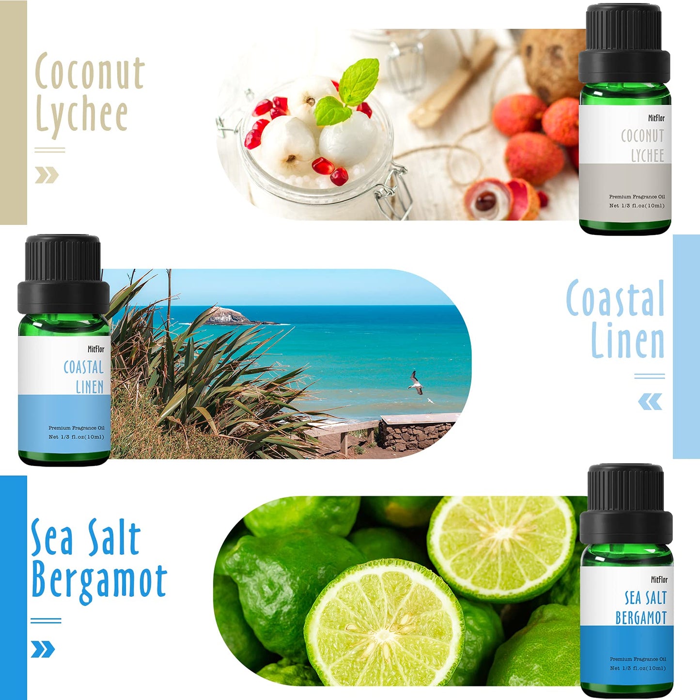 Beach Fragrance Oils by MitFlor – 6x10 ml Diffuser & Candle Oils