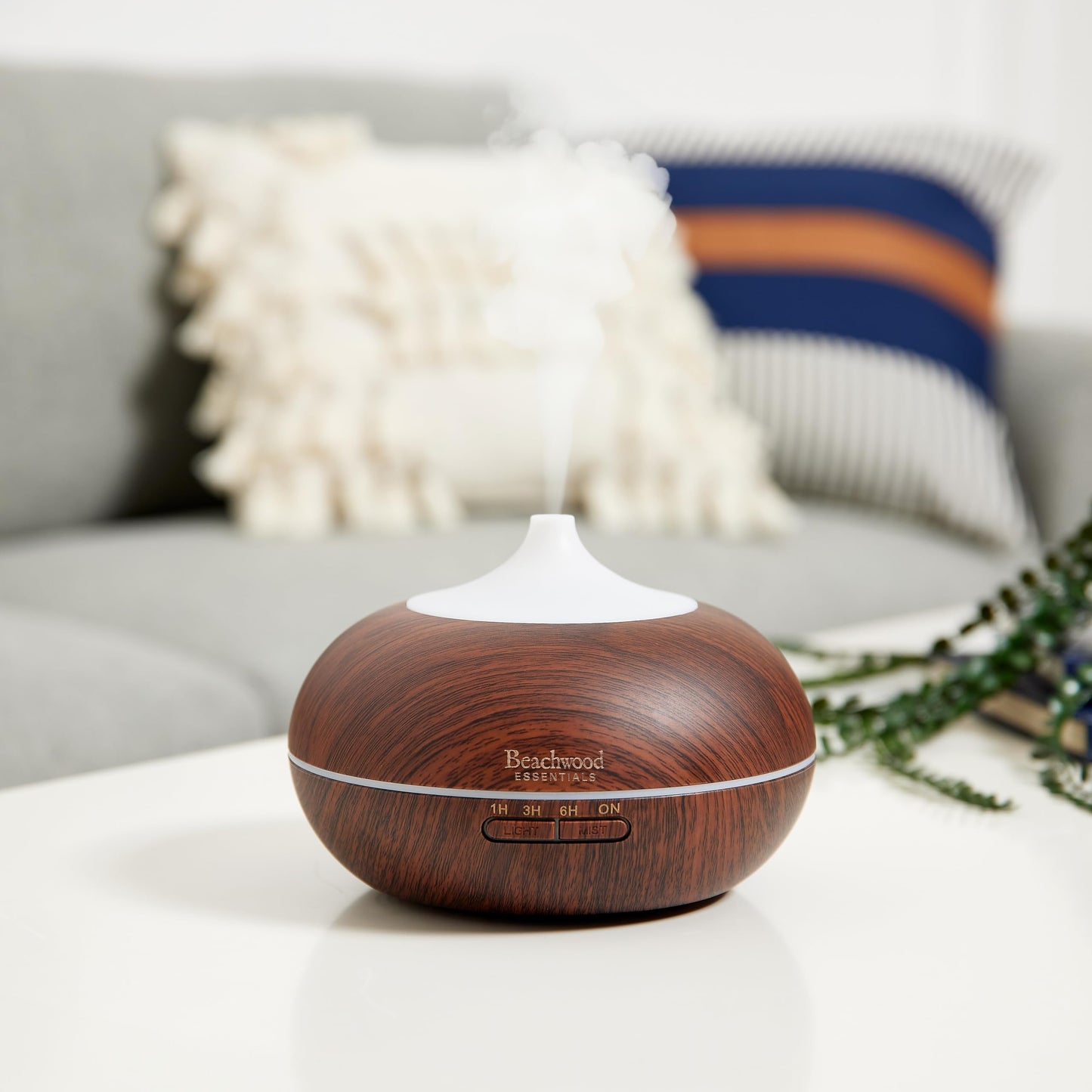 Beachwood Essentials Ultrasonic Aromatherapy Diffuser 300mL – Therapeutic Grade, 16 Hours, 3-Timer, 7 Ambient Lights – White