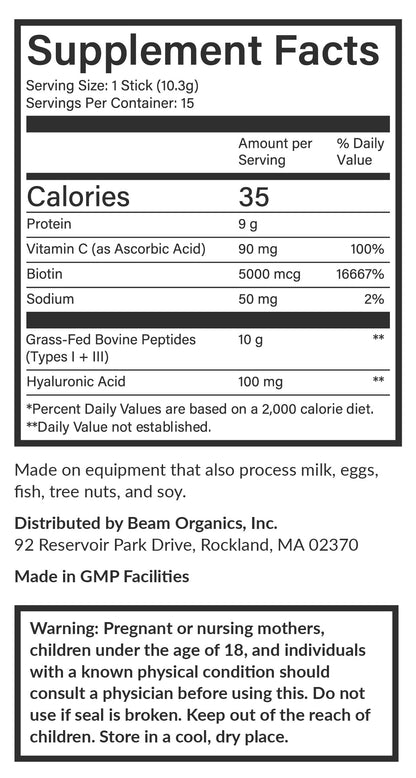 Beam Collagen Powder for Women – Grass-Fed, Hyaluronic Acid, Biotin | 15 Servings