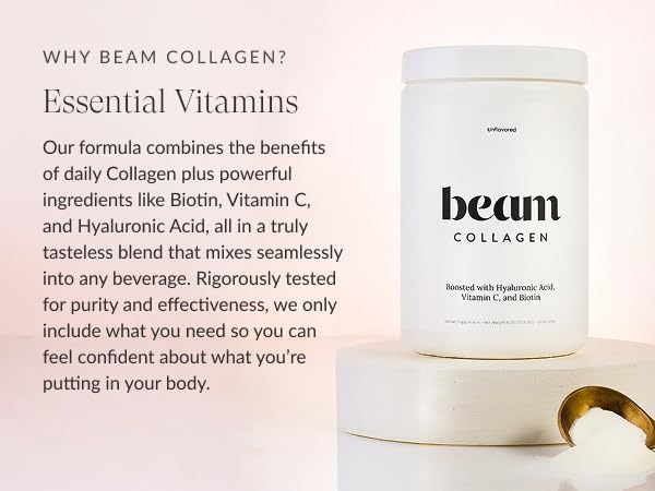 Beam Collagen Powder for Women with Hyaluronic Acid & Biotin – Grass-Fed, 60 Servings