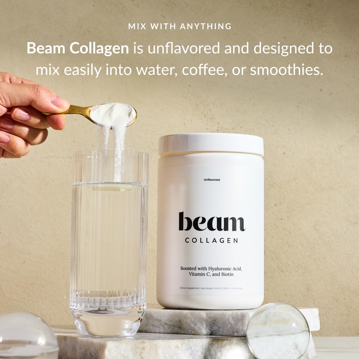 Beam Collagen Powder for Women with Hyaluronic Acid & Biotin – Grass-Fed, 60 Servings