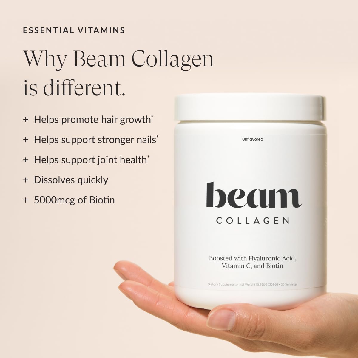 Beam Collagen Powder for Women – Grass-Fed, Hyaluronic Acid, Biotin | 15 Servings