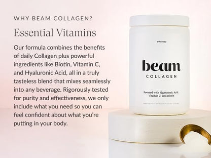 Beam Collagen Powder for Women – Grass-Fed Collagen Peptides 1 & 3 with Hyaluronic Acid, Biotin, & Vitamin C | 30 Servings