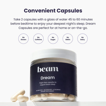 Beam Dream Sleep Capsules – Natural Sleep Aid with Magnesium, Melatonin & L-Theanine | 30 Servings