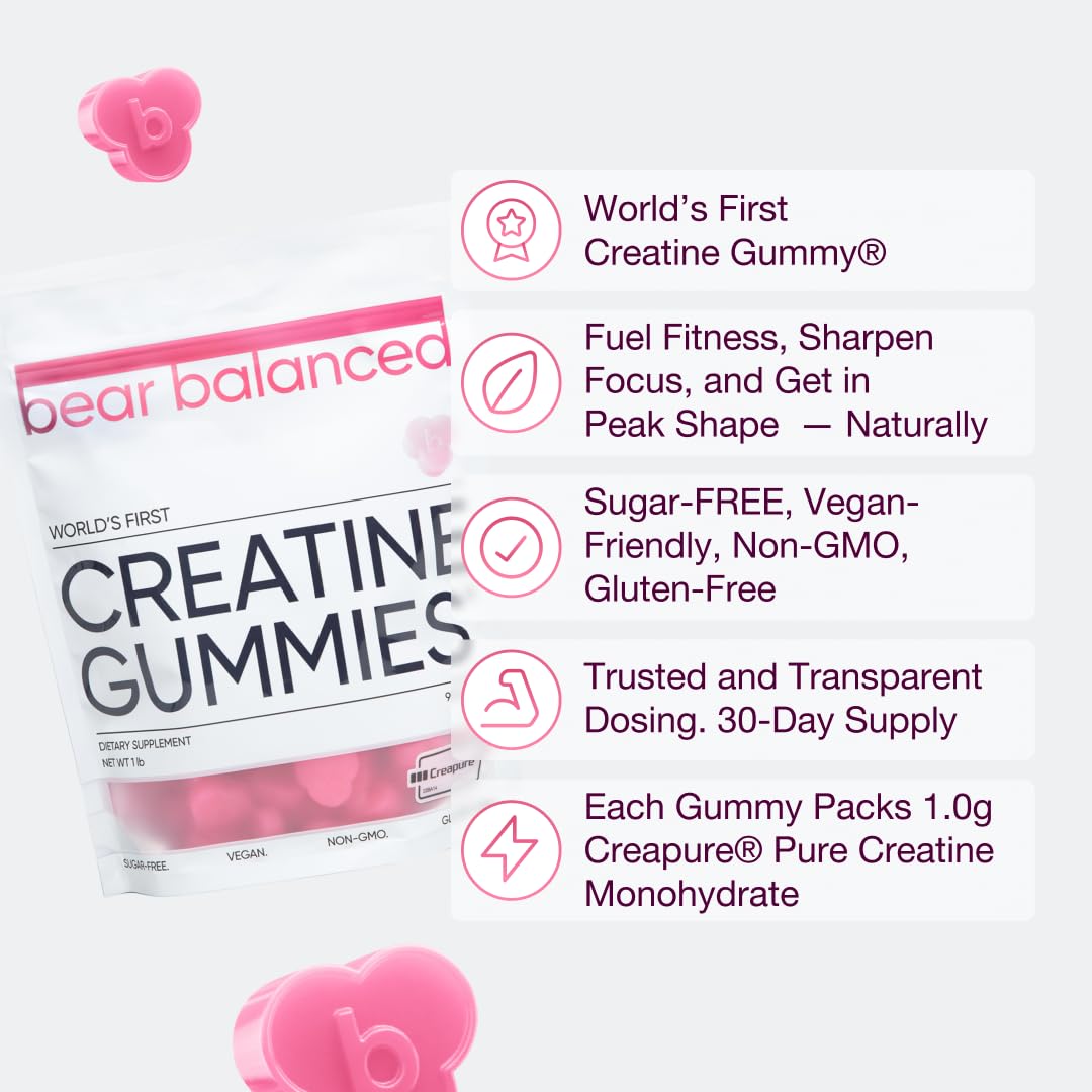 Bear Balanced Creatine Gummies with Creapure Monohydrate, L-Theanine & B12 – Focus, Energy & Strength (Vegan, Sugar-Free, Low-Calorie)