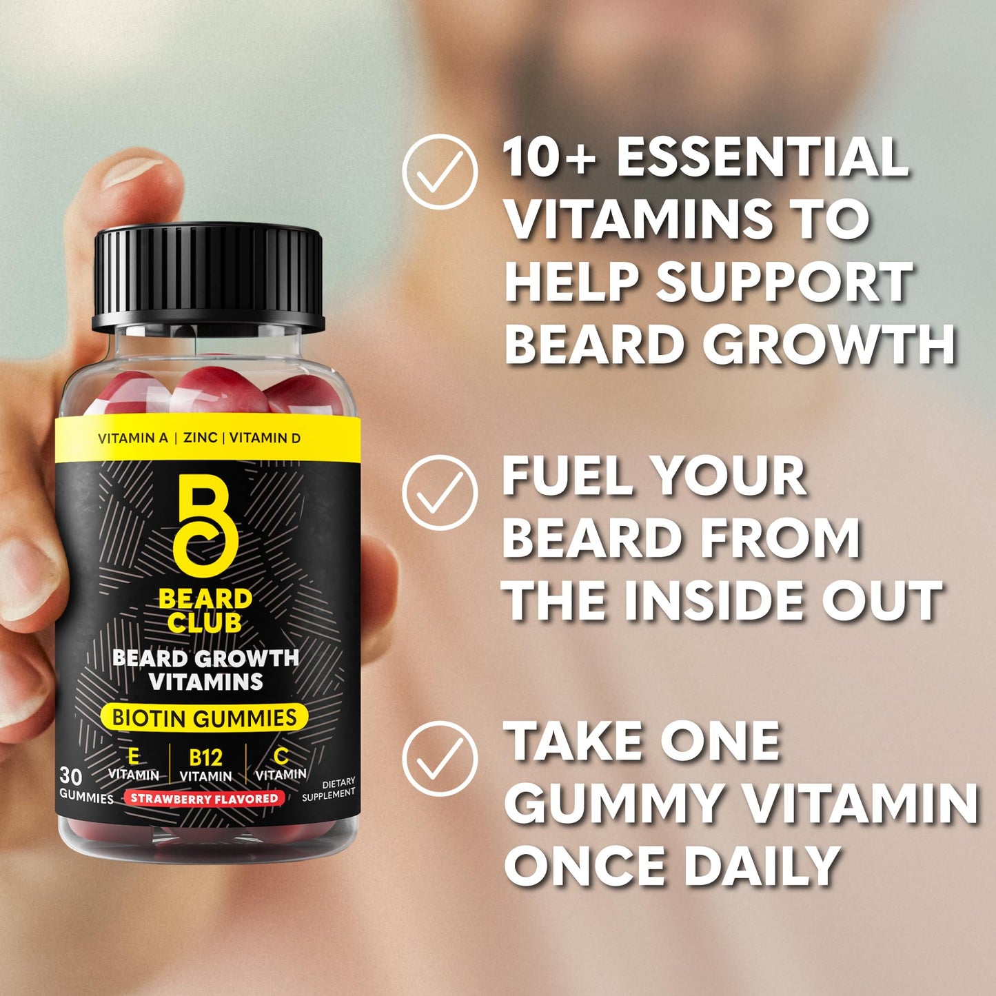 Beard Club Biotin Beard Growth Gummies – Men’s Vitamin for Thicker Beard (Biotin, B12, E & C) – Strawberry