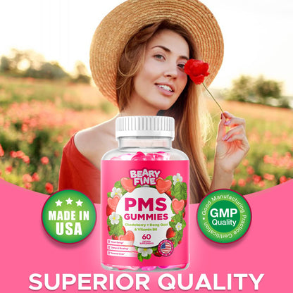 Beary Fine PMS Gummies - PMS Relief for Women & Teens, Strawberry, 60 Count - USA Made