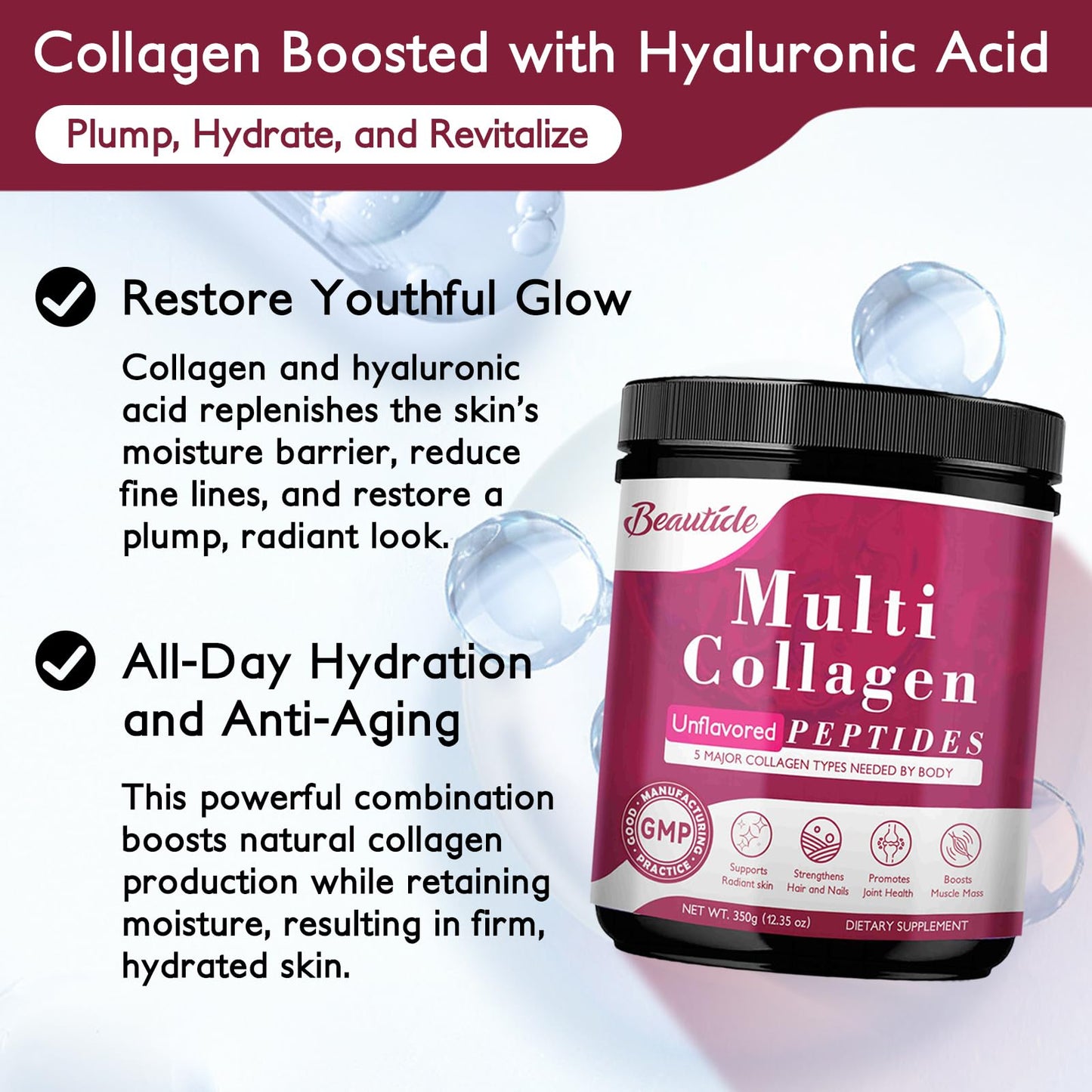 Beautide Multi Collagen Peptides Powder for Women - Unflavored, Keto & Sugar-Free, 35 Servings