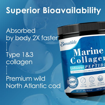 Beautide Marine Collagen Peptides Powder – Wild-Caught Fish, Vitamin C, Hyaluronic Acid, Non-GMO, 35 Servings