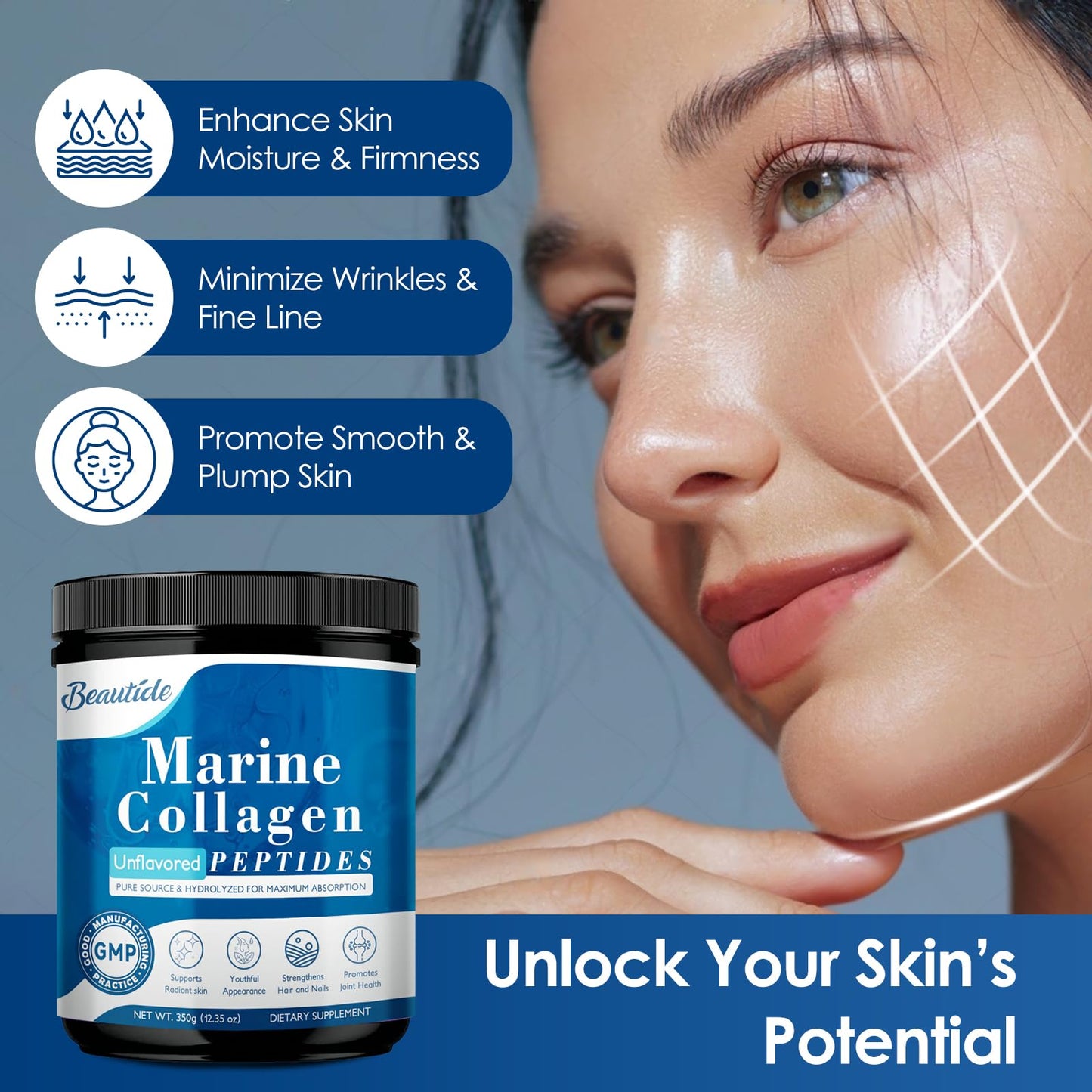 Beautide Marine Collagen Peptides Powder – Wild-Caught Fish, Vitamin C, Hyaluronic Acid, Non-GMO, 35 Servings