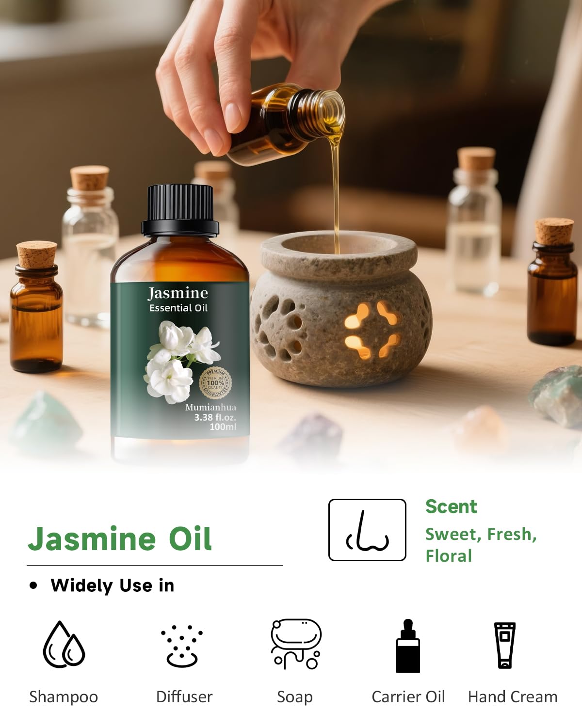 Pure Jasmine Essential Oil for Bedtime – Diffuser & Pillow Mist | Mumianhua 3.38 Fl Oz