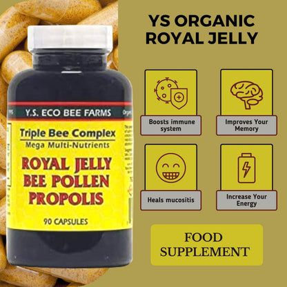 YS Organics Triple Bee Complex - Royal Jelly, Bee Pollen & Propolis | 90 Capsules + Bonus Key Chain