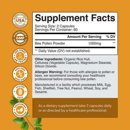 Bee Pollen Pills for Breast Growth - 120 Ct, 1000mg Serving | Vegetarian, Non-GMO, Gluten Free