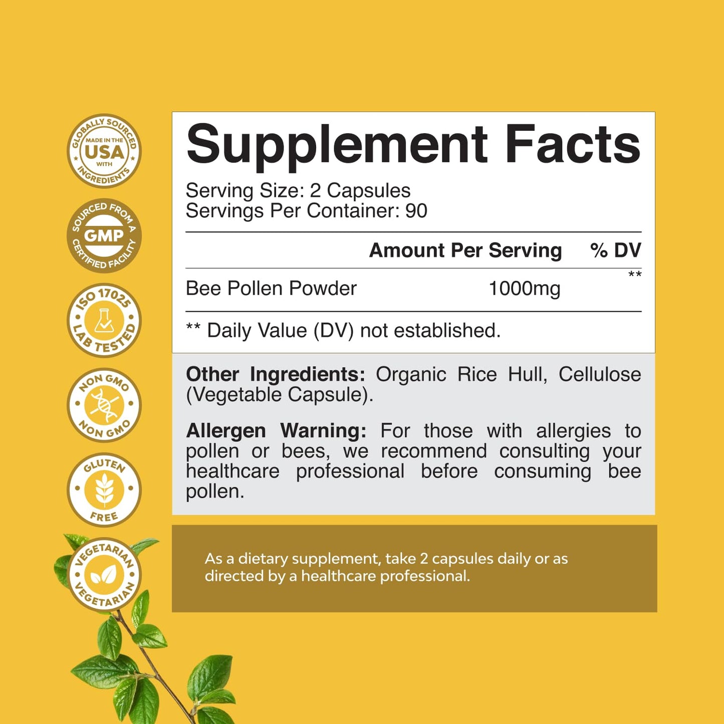 Bee Pollen Pills for Breast Growth - 180 Count, 1000mg | Bee Pollen Supplement with B Vitamins, Minerals & Enzymes | Vegetarian, Non-GMO & Gluten Free