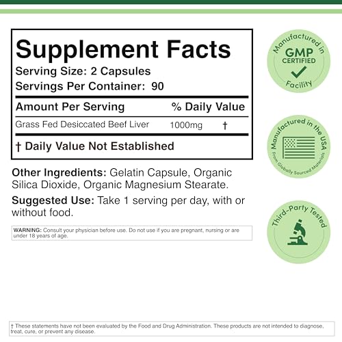 Beef Liver Capsules - 1,000mg Grass-Fed Desiccated Liver | 180 Capsules | 3-Month Supply | Double Wood