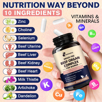 Female-Optimized Beef Organ Complex Superfood Supplement, Beef Liver, Kidney, Heart, Uterus & 6 More, Balance Hormones, Energy & Women's Overall Wellness, with Milk Thistle, Zinc, Grass-Fed, 60 Day