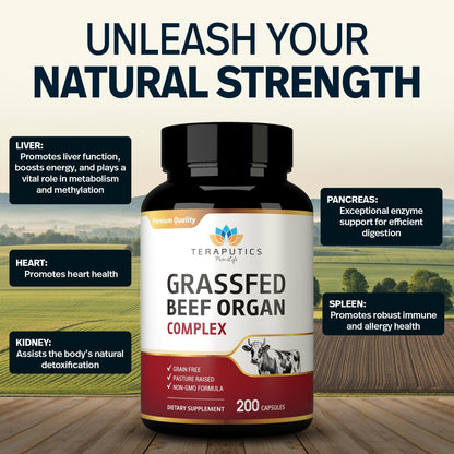 Premium Grass-Fed Beef Organ Supplement – Liver, Heart, Kidney, Pancreas & Spleen (200 Count)