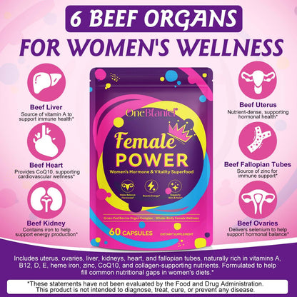 Beef Organ Supplement for Women – Grass-Fed Liver, Uterus & Ovaries | Hormone Balance, Energy, Immunity | 60 Capsules