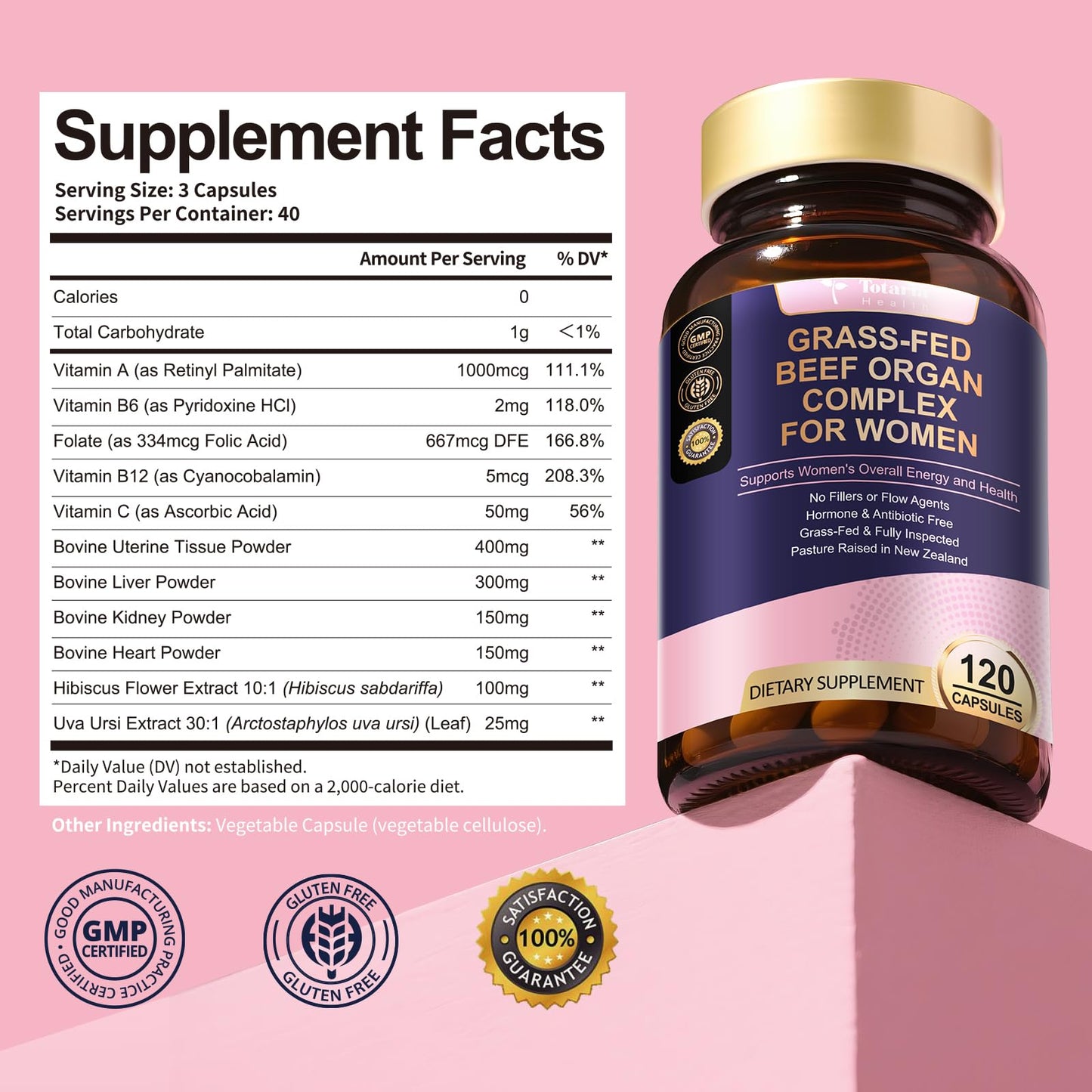 Beef Organ Supplement for Women | Grass-Fed Liver, Heart & Uterus - Hormone Balance & Energy | 120 Caps
