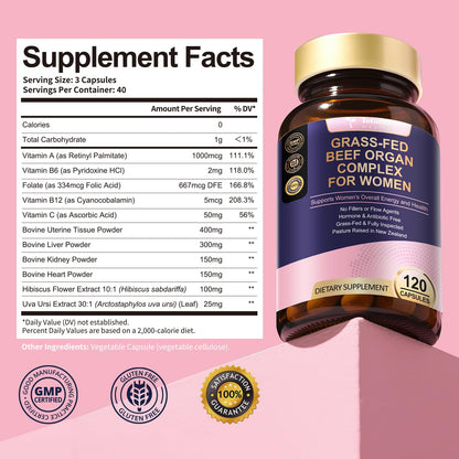 Beef Organ Supplement for Women | Grass-Fed Liver, Heart & Uterus - Hormone Balance & Energy | 120 Caps