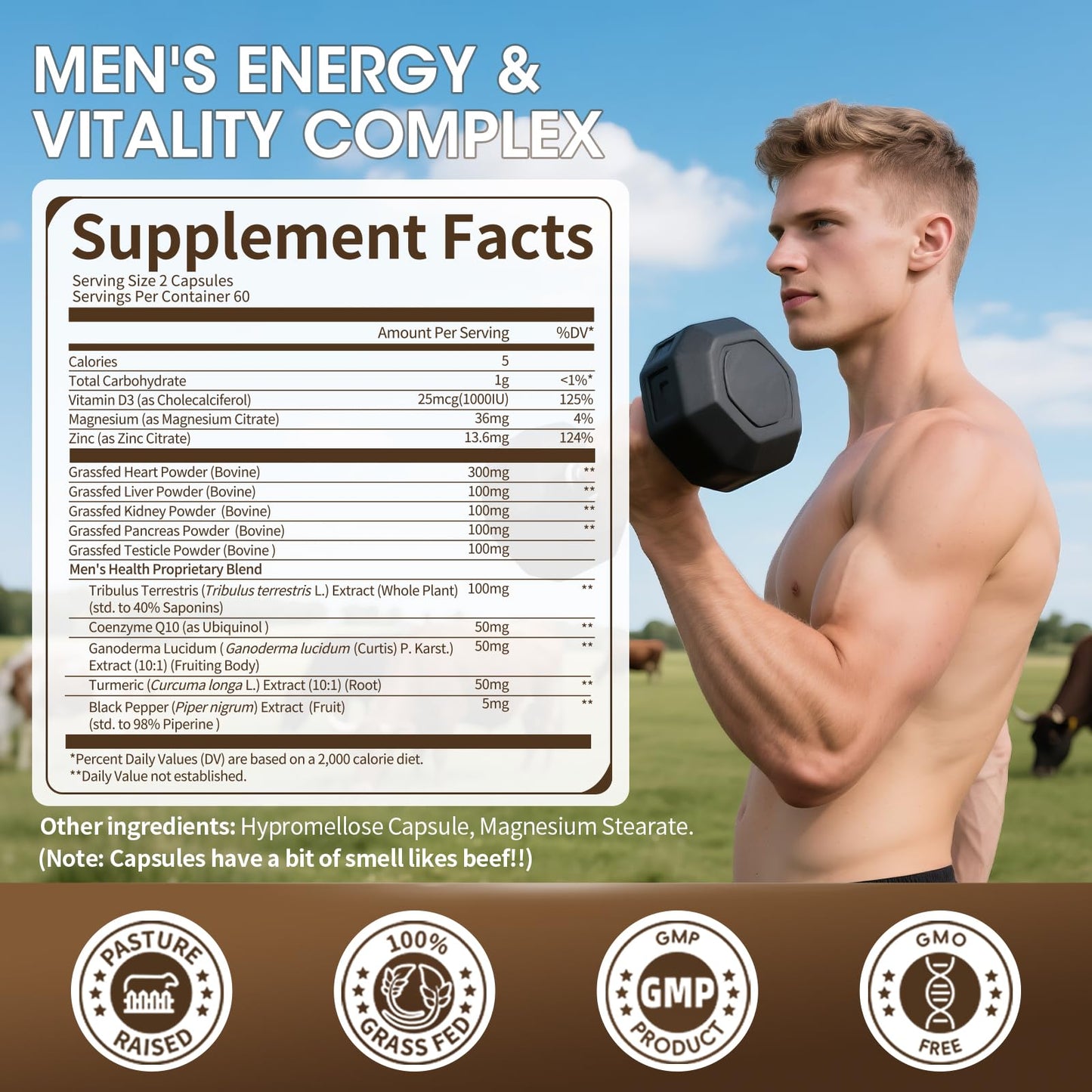 Beef Organs Supplement for Men – 13-in-1 Grass-Fed Beef Organs, Tribulus Terrestris, CoQ10, Ganoderma | 120 Count