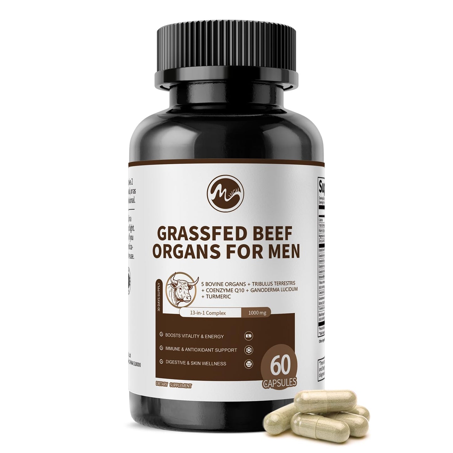 Beef Organs Supplement for Men – 13-in-1 Grass-Fed Beef Organs, Tribulus Terrestris, CoQ10, Ganoderma | 120 Count