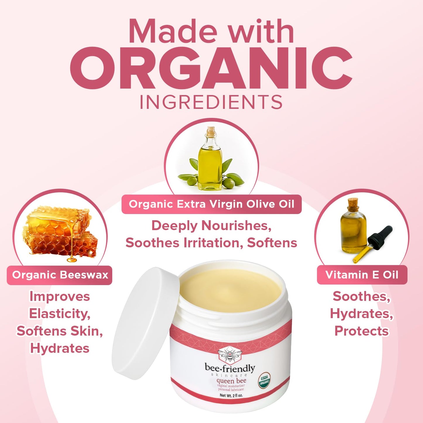 BeeFriendly Organic Vaginal Moisturizer | USDA Certified Organic Vulvar Cream, 2 oz