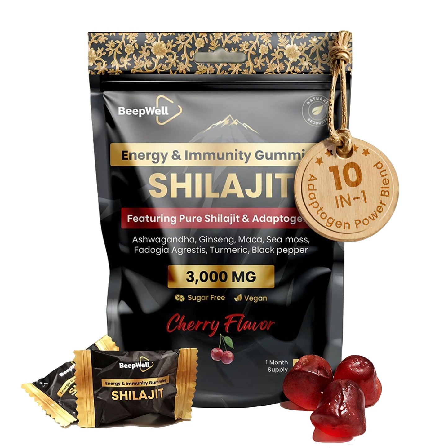 BeepWell 60 Count Gold Shilajit Gummies – 3000mg, 85+ Minerals, Cherry Flavor
