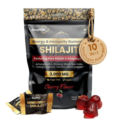 BeepWell 60 Count Gold Shilajit Gummies – 3000mg, 85+ Minerals, Cherry Flavor