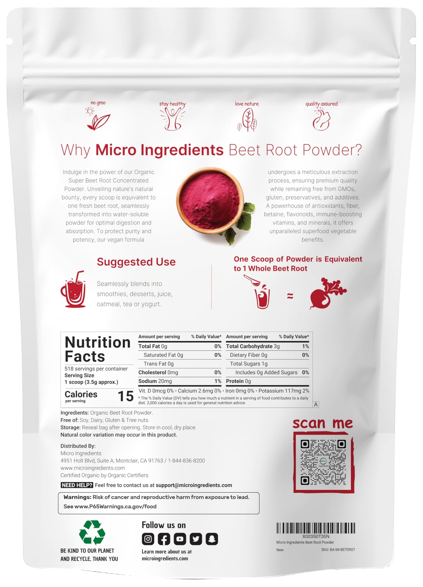 Micro Ingredients Organic Beet Root Powder – 4 Lbs, Cold-Pressed & Water-Soluble