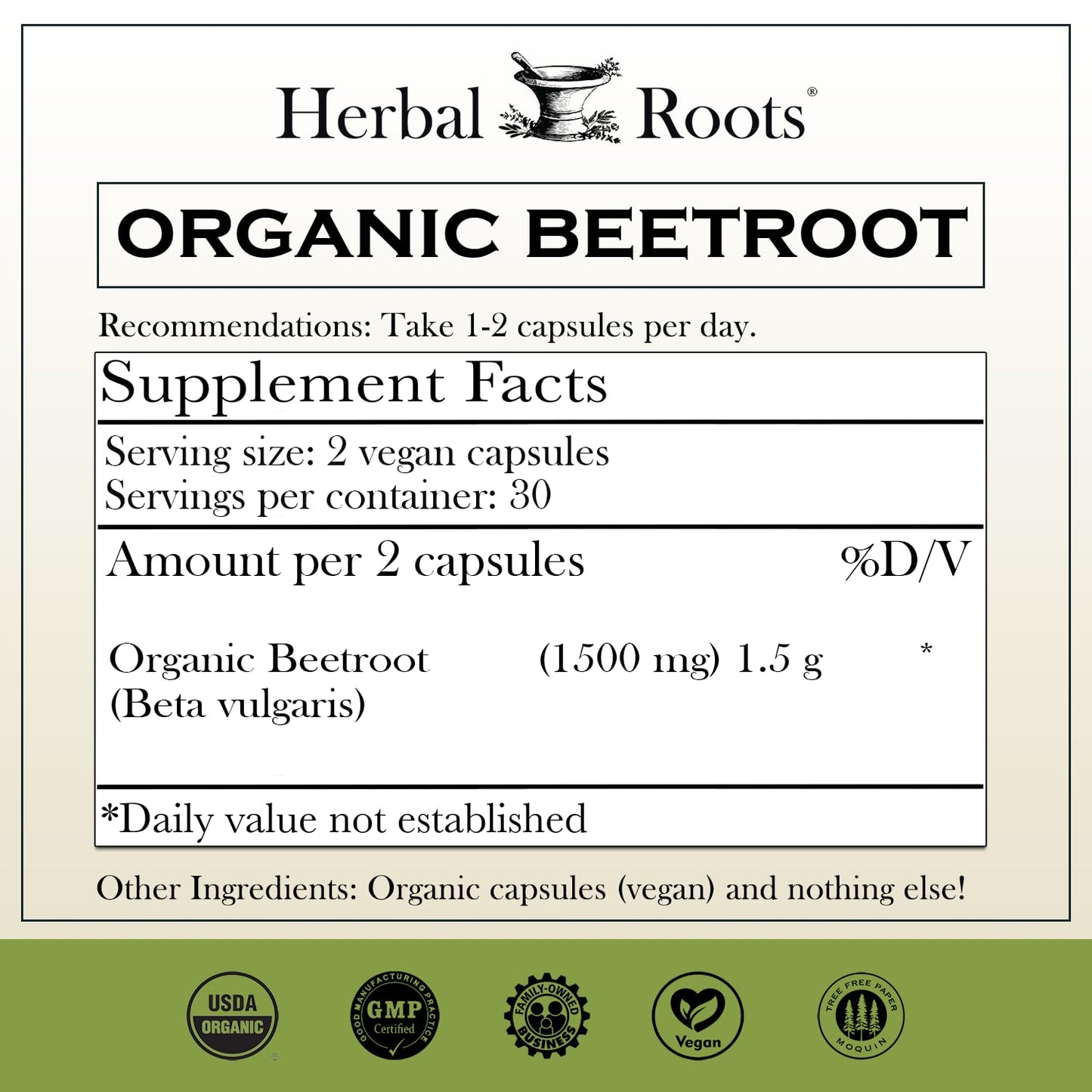 Herbal Roots Organic Beet Root Powder Capsules - 1,500mg per Serving | USDA Organic