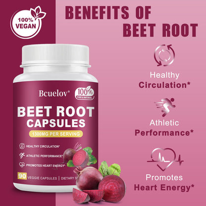 Beet Root Capsules 1300mg – Pure Beetroot Powder for Energy & Endurance | 90 Capsules