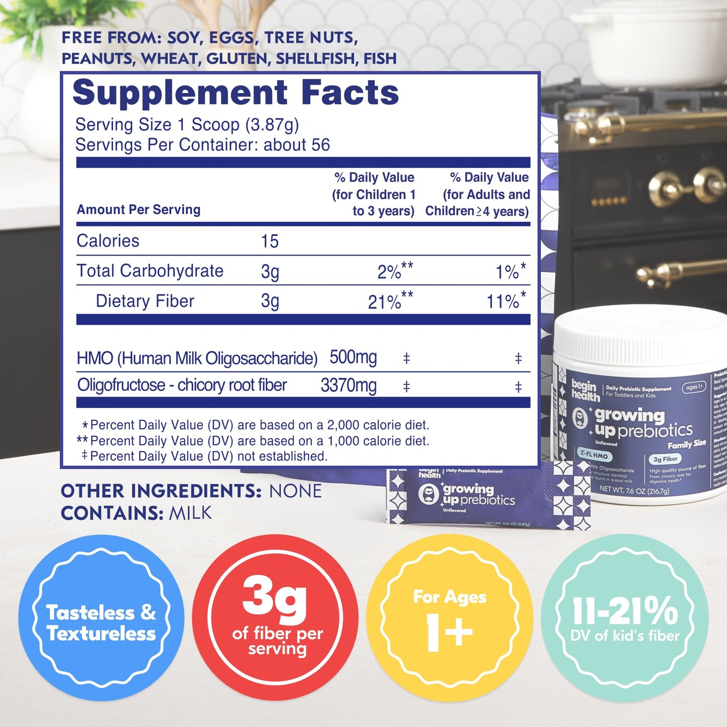 Begin Health Growing Up Prebiotics for Kids — 56-Pack, Unflavored Powder for Digestive Support