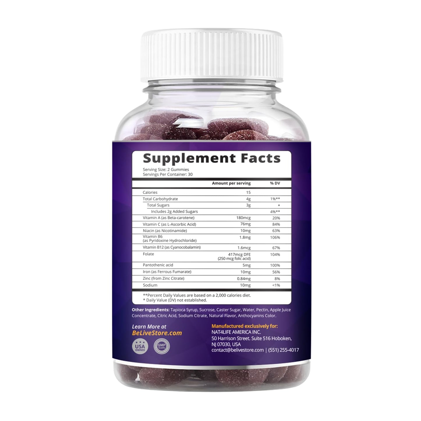 BeLive Iron Gummies - Vegan Multivitamin with Vitamin C & Zinc, Grape Flavor