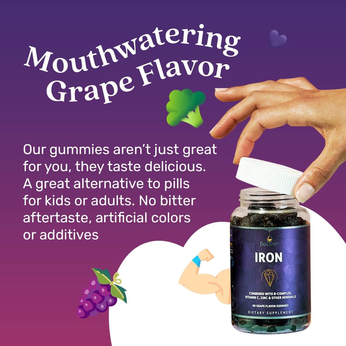 BeLive Iron Gummies - Vegan Multivitamin with Vitamin C & Zinc, Grape Flavor