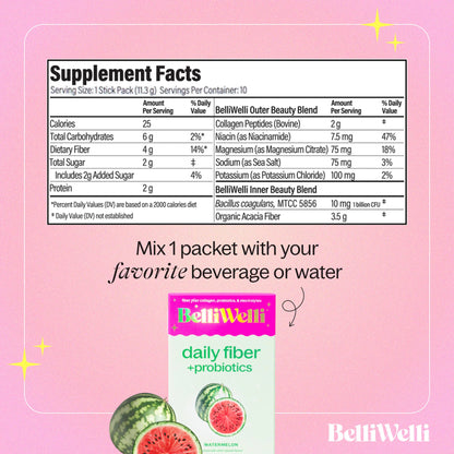 Belli Welli Daily Fiber Packets – Watermelon, Collagen, Probiotics & Electrolytes | 10 Count