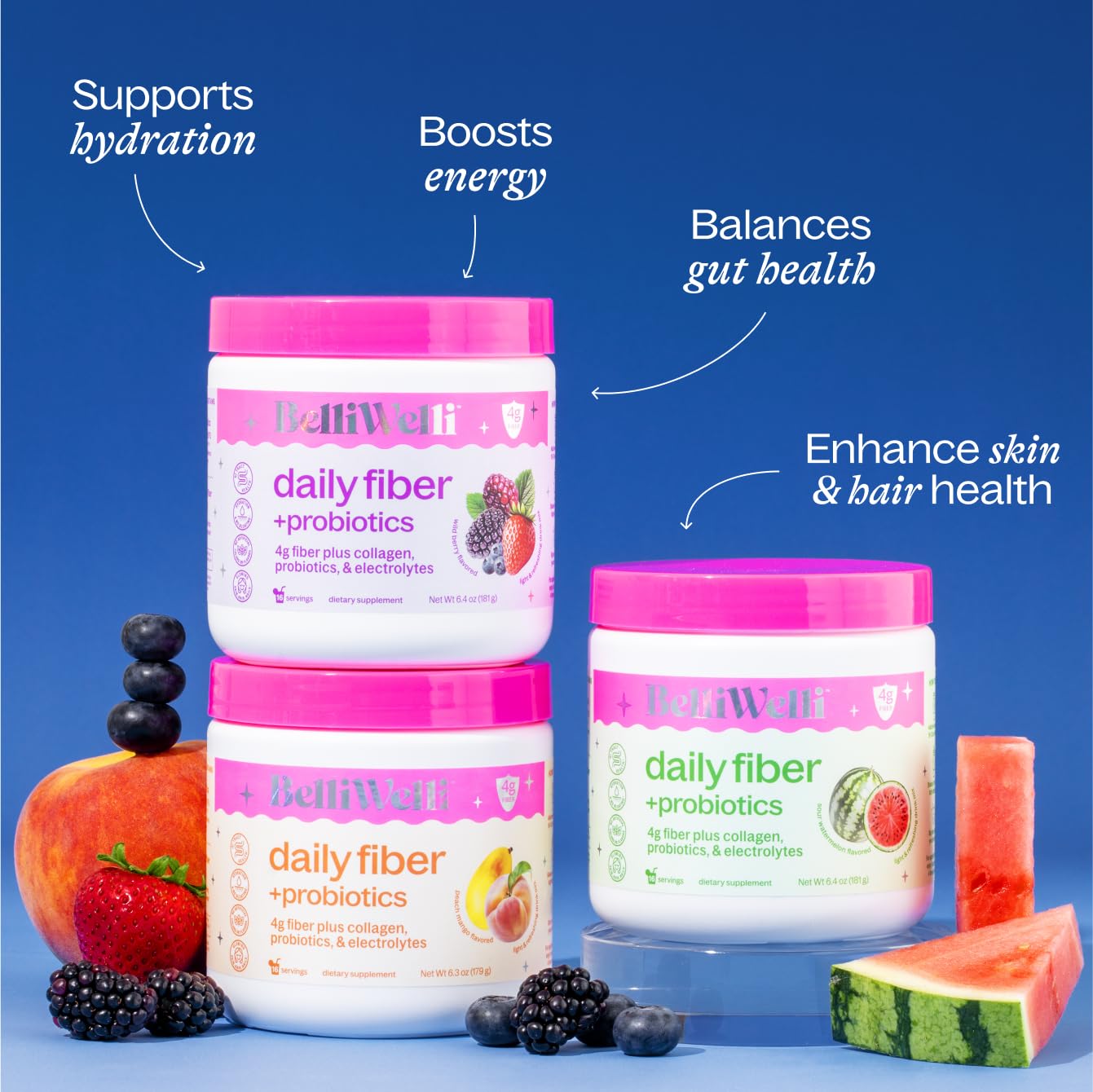Belli Welli Fiber Supplement – Organic Acacia, Collagen, Probiotics (Watermelon)