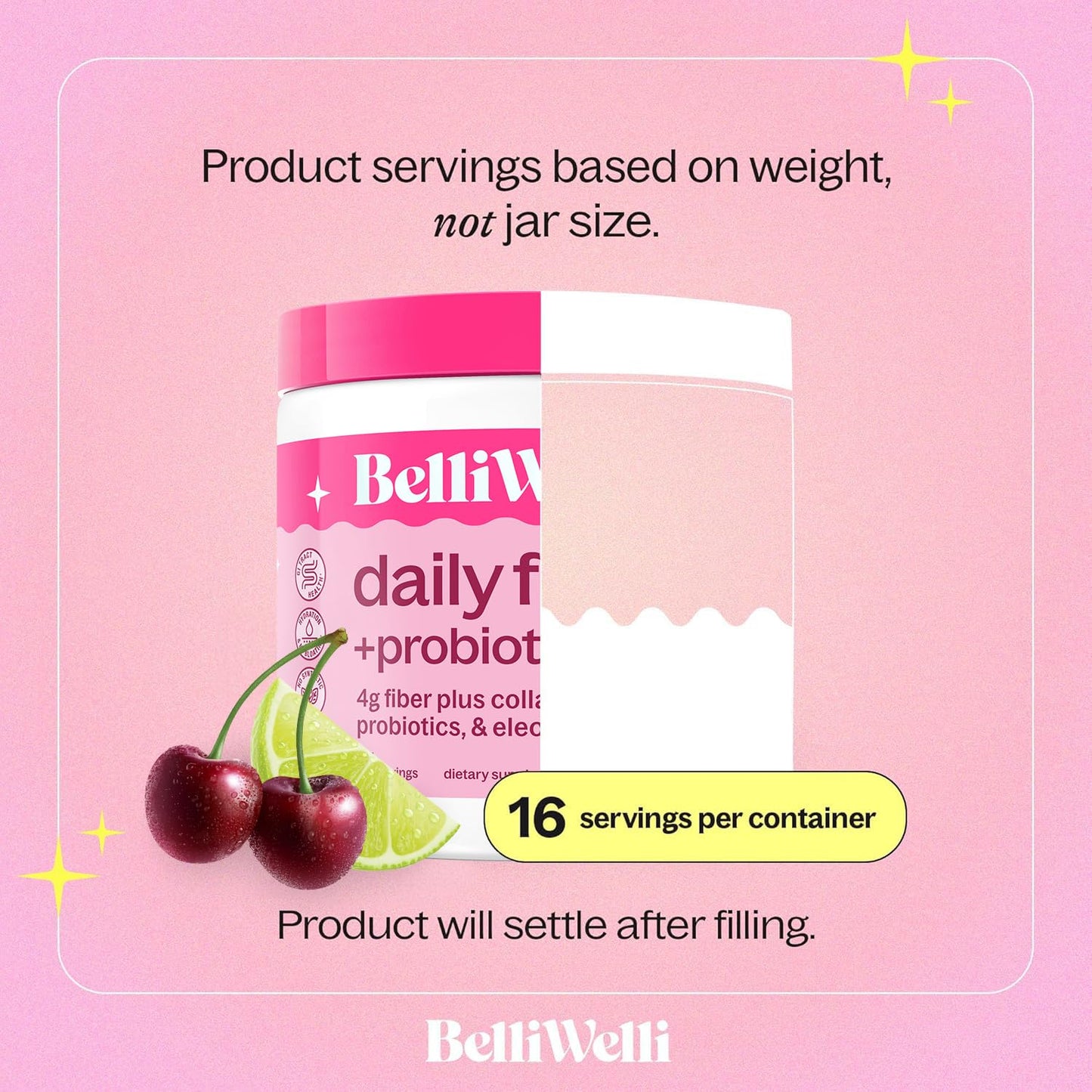 Belli Welli Fiber Supplement for Women & Men – Organic Acacia Fiber + Collagen, Electrolytes & Probiotics | Cherry Limeade