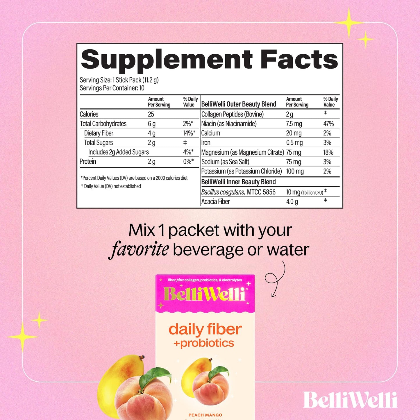 Belli Welli Fiber Supplement – Probiotic Fiber Powder with Collagen & Electrolytes, Peach Mango, 10 Pack