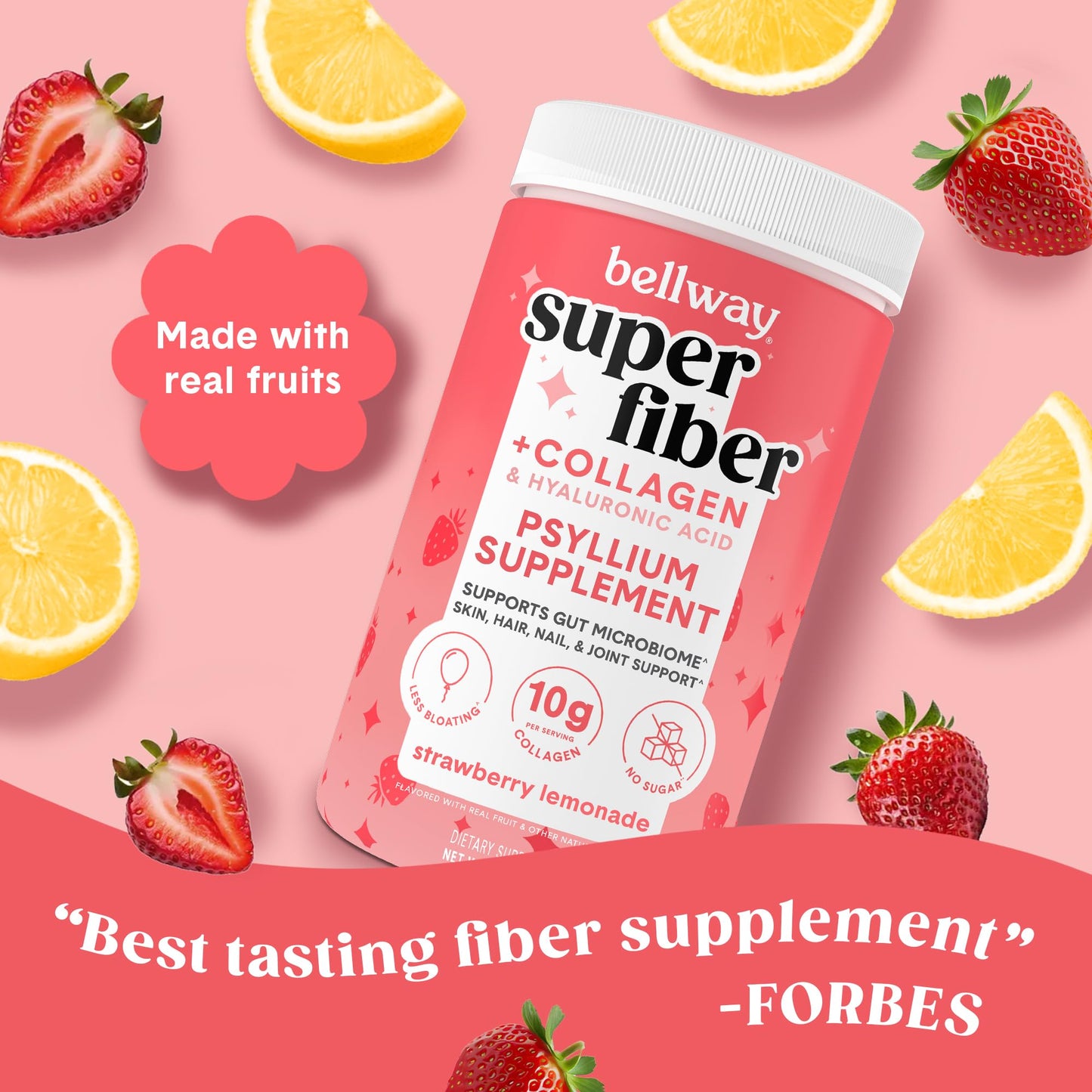 Bellway Super Fiber Powder + Collagen – Sugar-Free Psyllium Husk for Gut Health, Skin & Joints (Strawberry Lemonade)