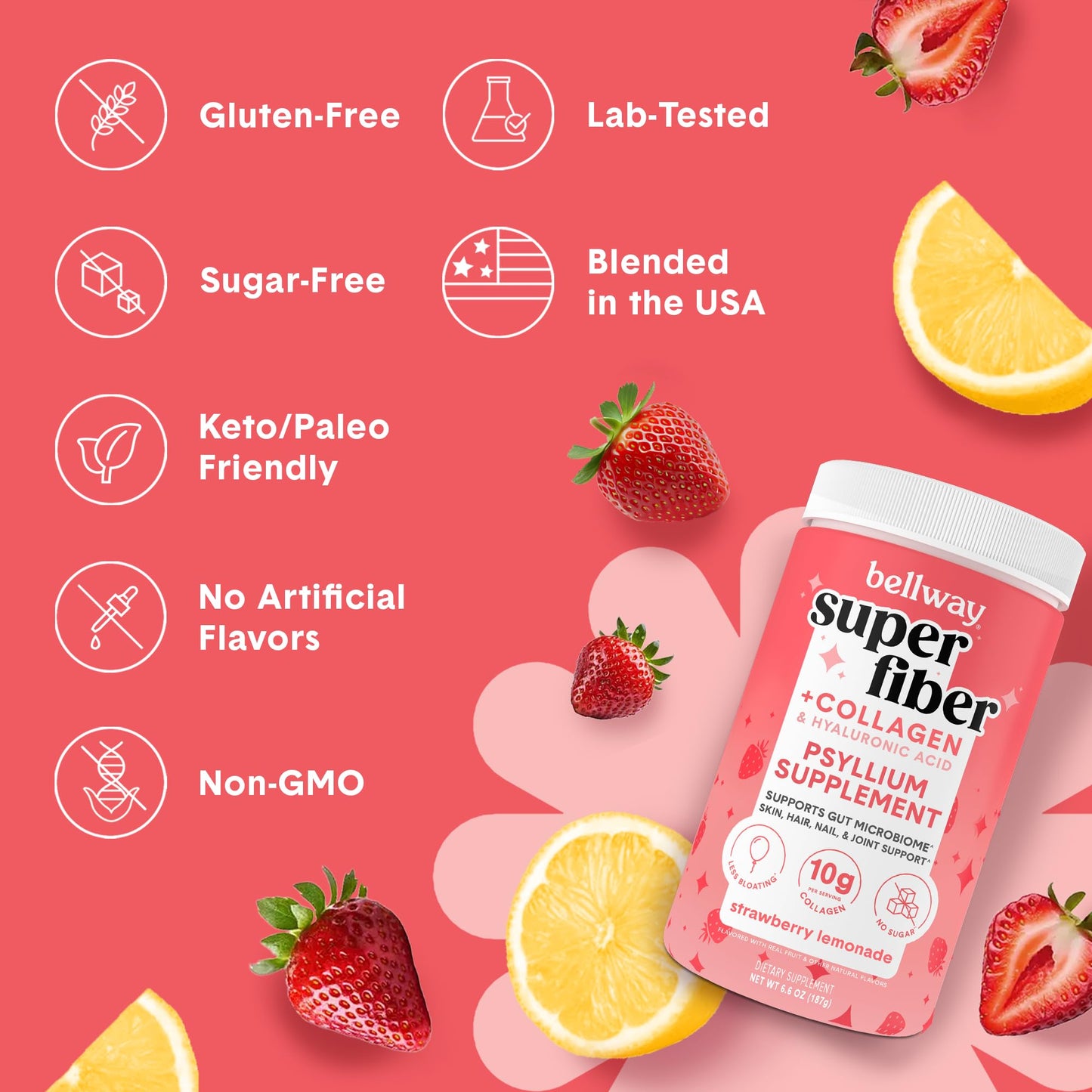 Bellway Super Fiber Powder + Collagen – Sugar-Free Psyllium Husk for Gut Health, Skin & Joints (Strawberry Lemonade)