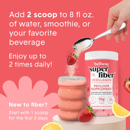 Bellway Super Fiber Powder + Collagen – Sugar-Free Psyllium Husk for Gut Health, Skin & Joints (Strawberry Lemonade)