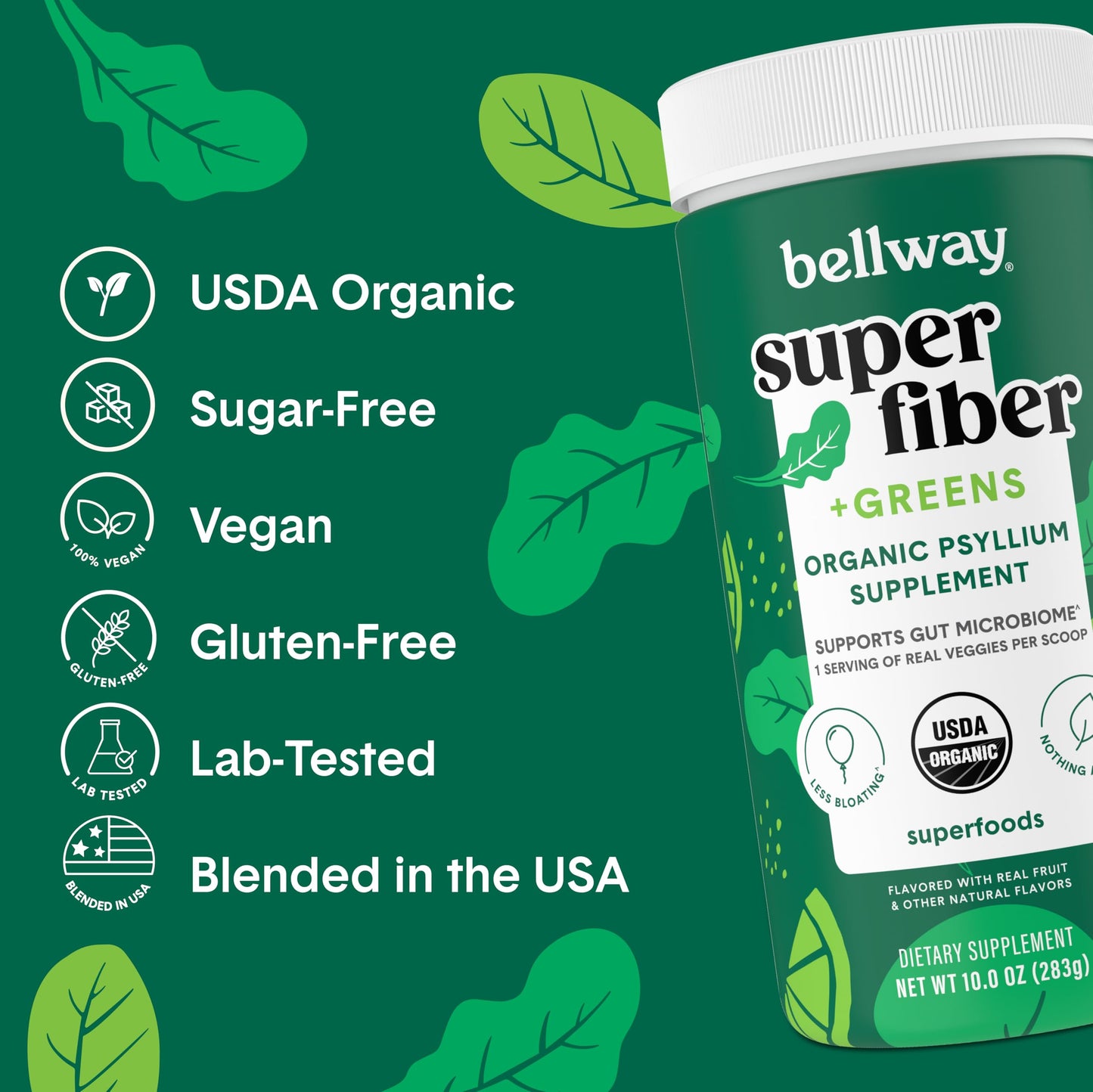 Bellway Super Fiber + Greens Powder | Sugar-Free Psyllium Husk Fiber (30 Servings)
