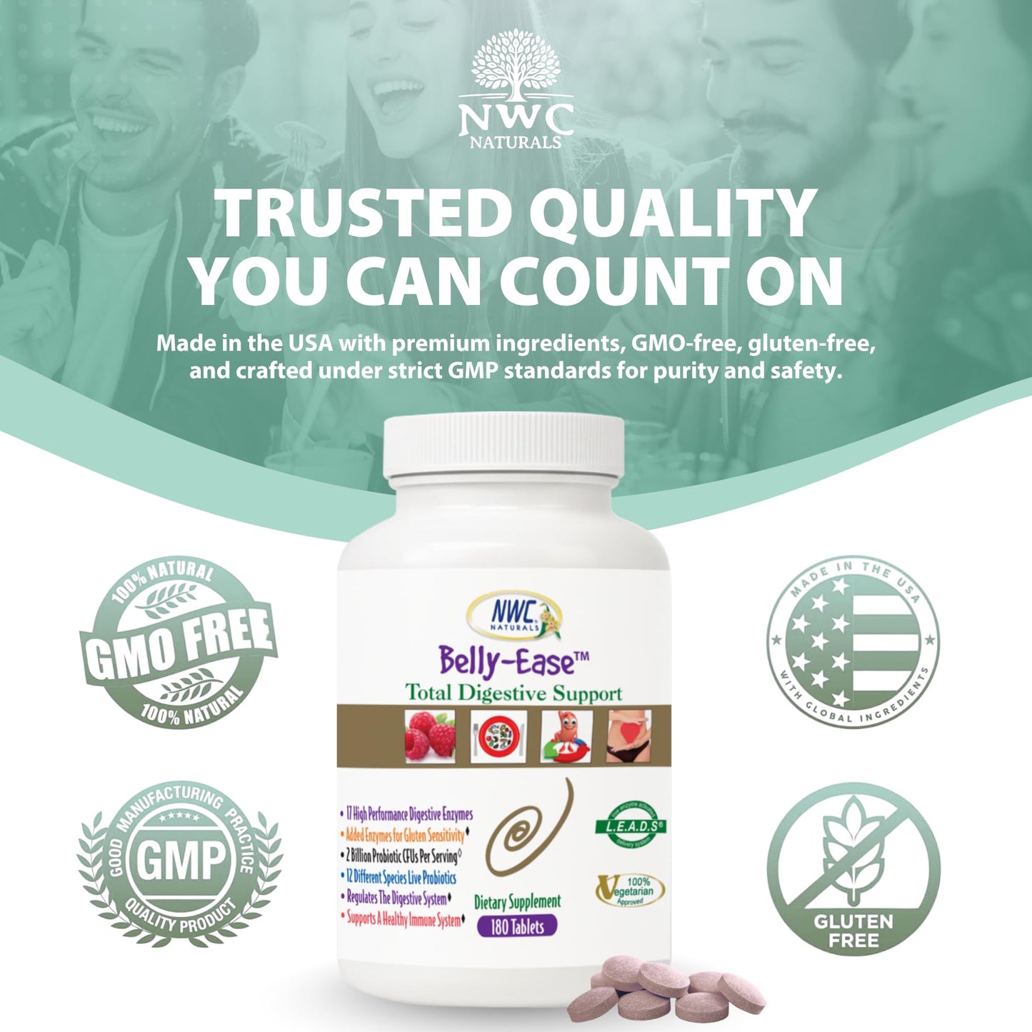 Belly-Ease Digestive Enzymes + Probiotics | NWC Naturals | 180 Chewables