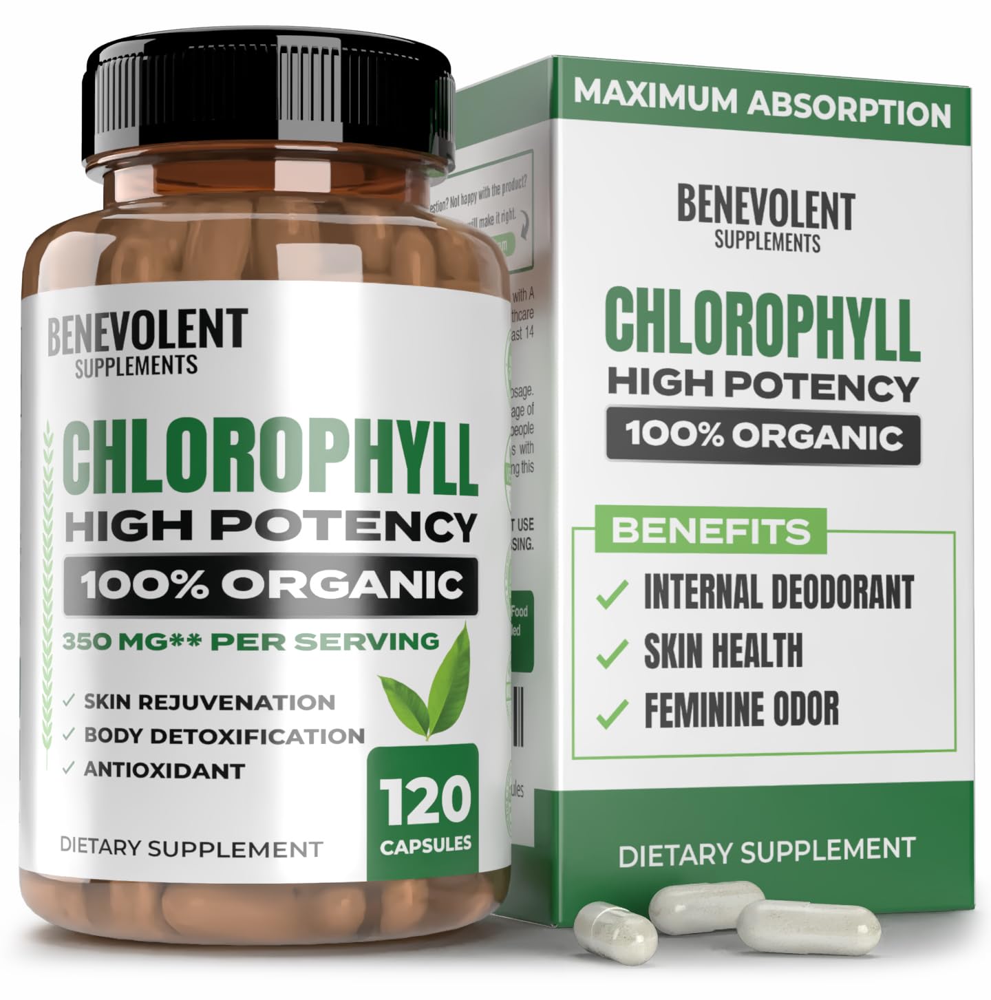 Benevolent Chlorophyll Capsules 350mg – 120 Caps | Natural, 20x Potency